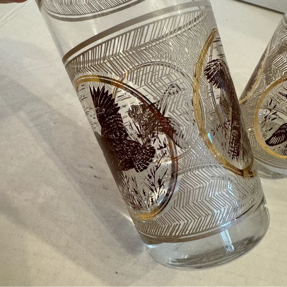 3 VTG 1970s MCM Libbey Highball Pheasant Glasses Game birds Brown Gold